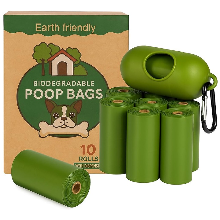 Biológiailag lebomló kutyapiszok zacskó, 150 darabos, adagolóval és pórázcsipesszel, 23x33cm, 10 tekercs, zöld