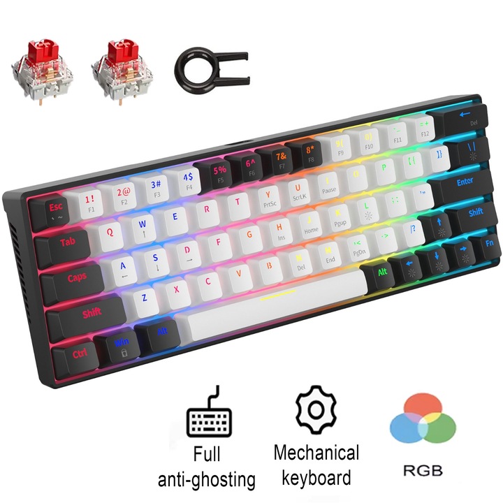 Qutek Механична геймърска клавиатура, 60%, LED светлини, 63 клавиша, с Type-C кабел, червен превключвател, преносима, черно-бяла