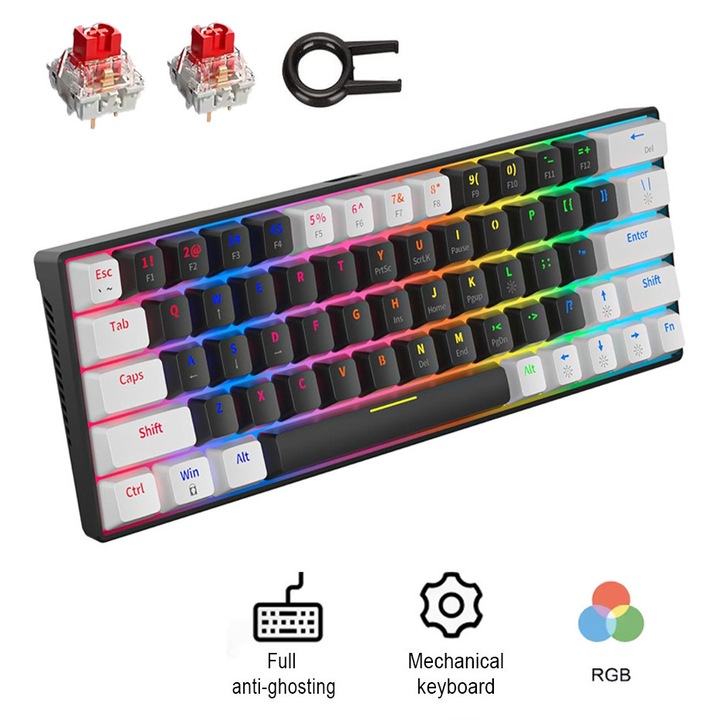 Клавиатура Qutek, механична, геймърска, 60%, LED светлини, 63 клавиша, с Type-C кабел, червен превключвател, преносима, черно-бяла