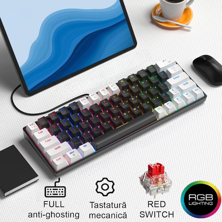 Tastatura Mecanica Gaming Qutek, 60%, Lumini LED, 63 taste, cu cablu Type-C, Red Swtich, Portabila, Negru Alb