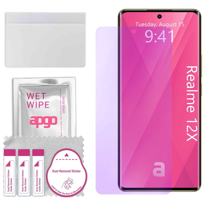 Протектор apgo ANTI-BLUE за Realme 12X – хибридно стъкло, протектор за екран, гланцово, гъвкаво хибридно стъкло, 9H, пълно залепване