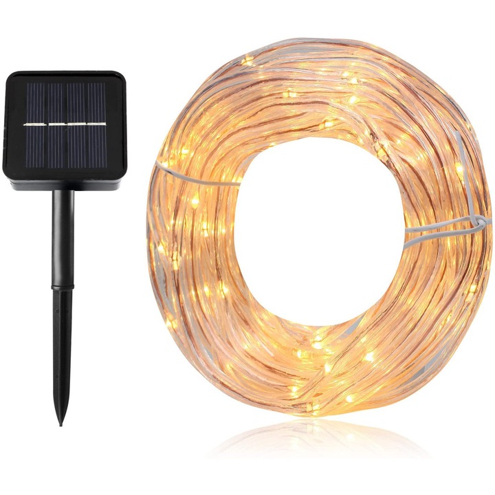Tub solar cu 100 LED-uri, 12 m, ghirlande luminoase solare impermeabile IP65 pentru exterior, lumini de Craciun pentru petreceri si Craciun (alb) [Clasa energetica A+++]