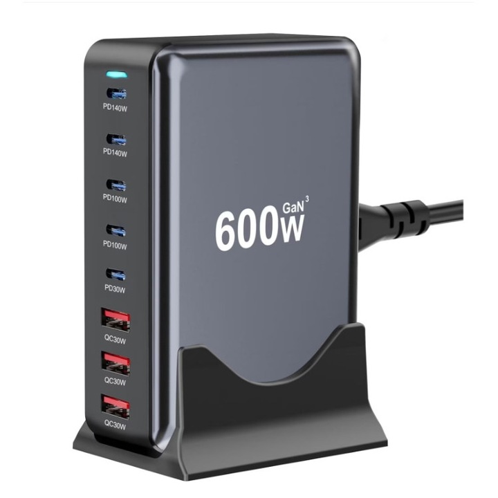 Asztali töltő, 600W-os gyorstöltés, többportos, multifunkcionális töltőállomás, nyolc az egyben