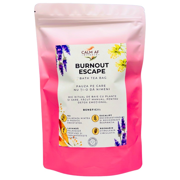 Ceai de Baie "Burnout Escape" – Infuzie de Plante cu Uleiuri Esentiale si Sare Epsom – Ritual de Relaxare & Aromaterapie, 70g
