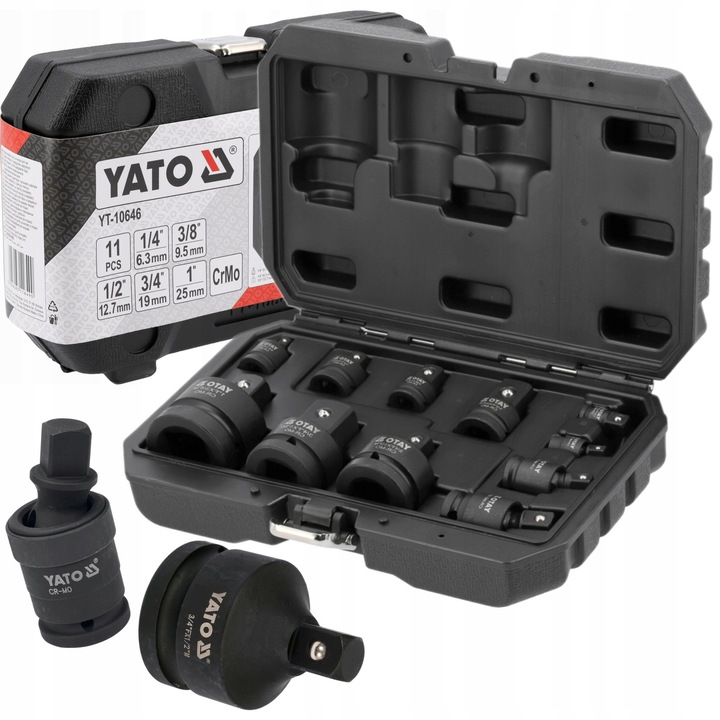 Set 11 reductoare si articulatii de impact, Yato, set cu cutie de transport