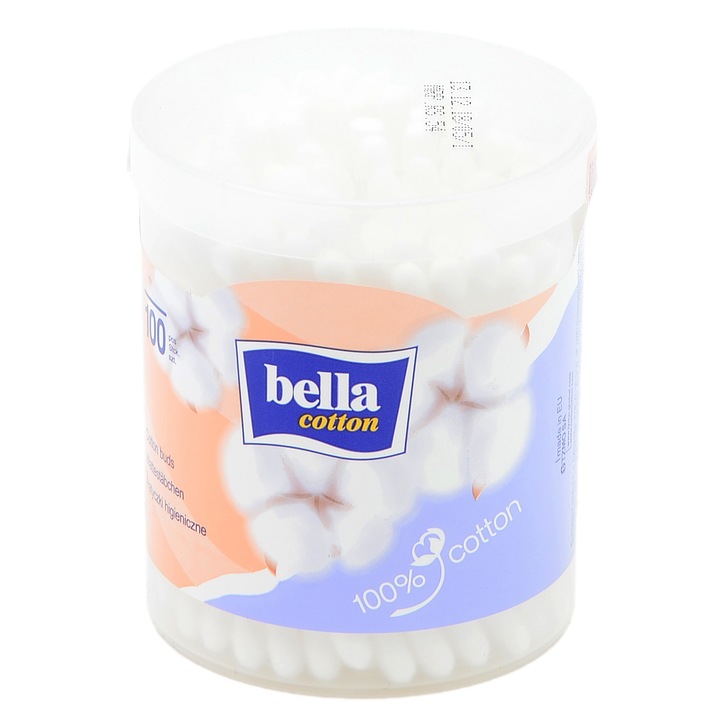 Betisoare igienice, cu capetele invelite in bumbac Bella, cutie rotunda, 100 buc