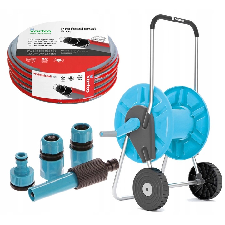 Градински маркуч, Vartco, 20 м, 6 слоя, комплект с количка и аксесоари, алуминий