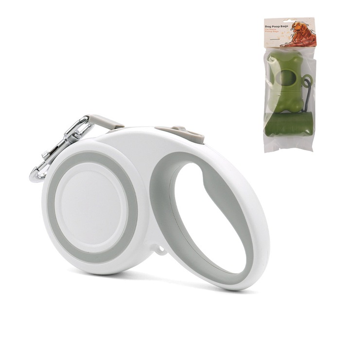 Прибираща се каишка за куче 5 м, противоплъзгаща, светлоотразителна, бяло-сива, с държач за чанта/чувал, размер M