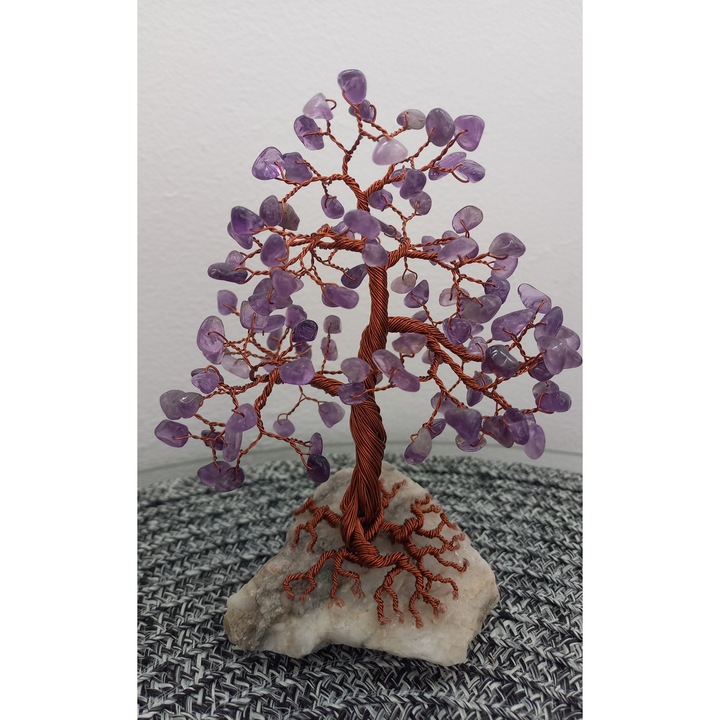Copacel decorativ handmade din cristale de Ametist violet si sarma de cupru, 14 cm