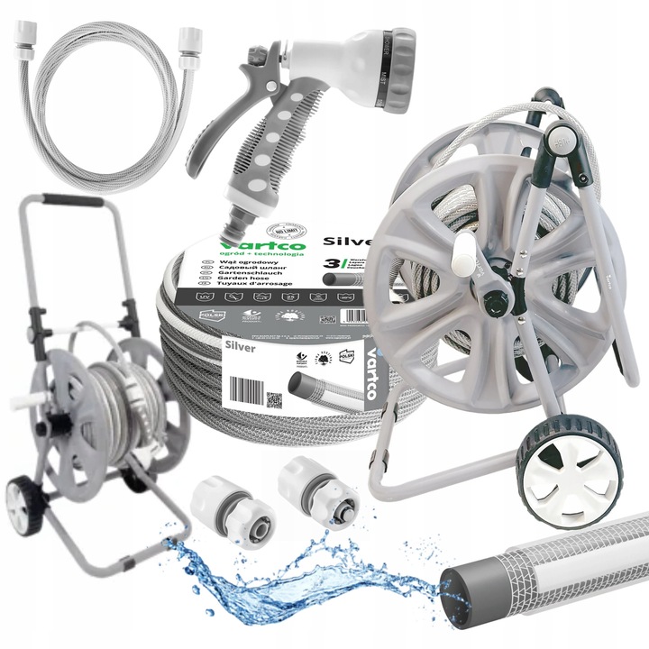 Градински маркуч, пълен комплект, Vartco, 3 слоя, 30 м, сив