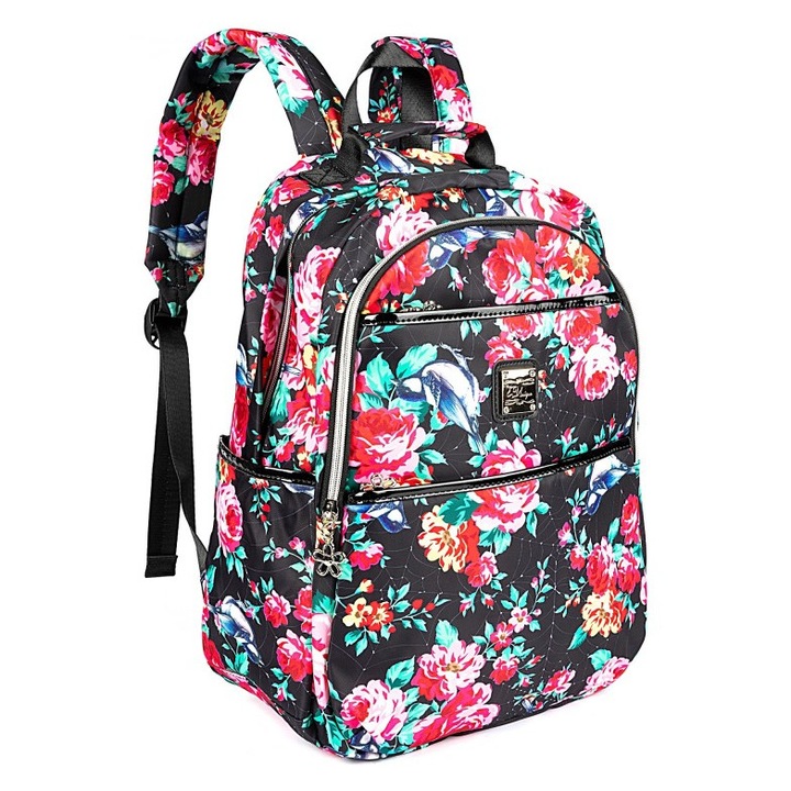 Fashion Mesco Iskolatáska, 42x30x14 cm, rózsaszín/fekete, 3 rekesz, virágok