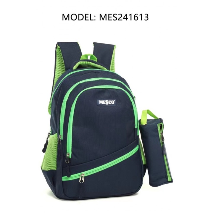 Nagy iskolatáska tolltartóval, általános iskolás/gimnáziumi, 43x30x14 cm, kék, Mesco