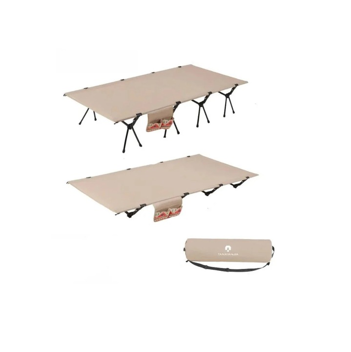 Pat pliabil de camping, 4 tije, lat, inaltime 38 cm, ultra usor, 90 cm, kaki