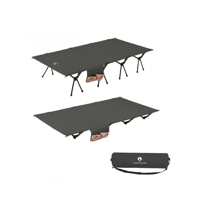 Pat pliabil de camping, 4 tije, lat, inaltime 38 cm, ultra usor, 90 cm negru