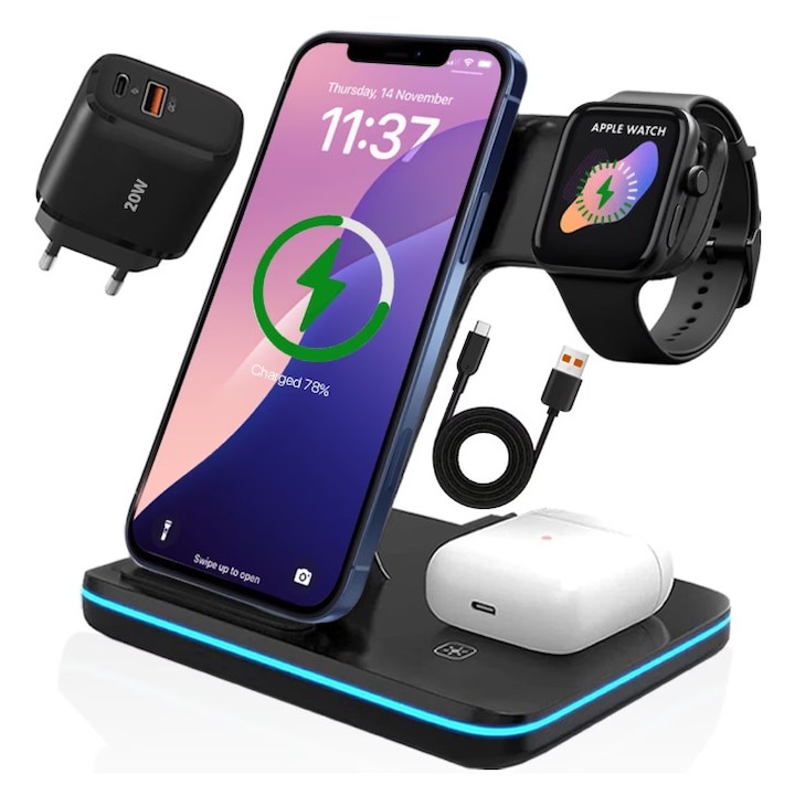 Incarcator fara fir, pliabil, negru, portabil, compatibil cu mai multe dispozitive mobile
