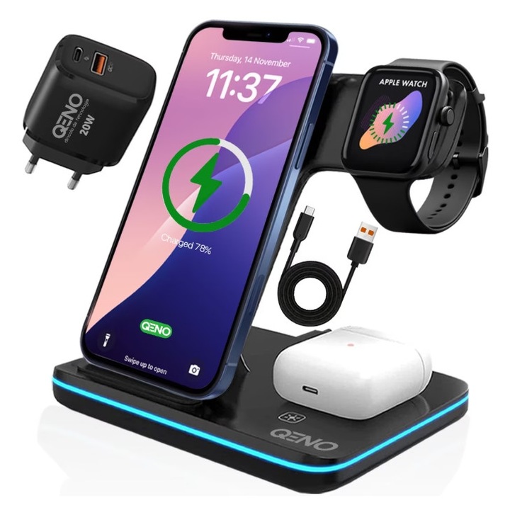 Безжично зарядно, сгъваемо, черно, преносимо, съвместимо с множество мобилни устройства