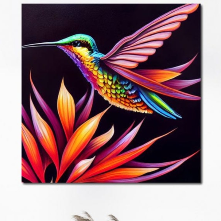 Tablou Canvas Premium, LuxCanva® M1045, Colibri in Contrast Tropical, 50 X 50 CM, Panza Bumbac 100% 400g/m2, Sasiu Lemn, Colibri, Zbor, Pasare, Neon, Petale, Electric, Vibrant, Contrast, Mic, Birou, Living, Camera Copil