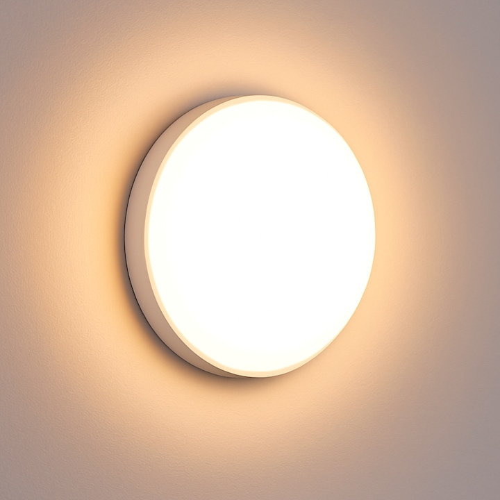 Външен LED плафон, кръгъл, 12W, 1200Lm, IP65 водоустойчив, бял, стенен аплик, Ø17x5cm, топла светлина 2700K