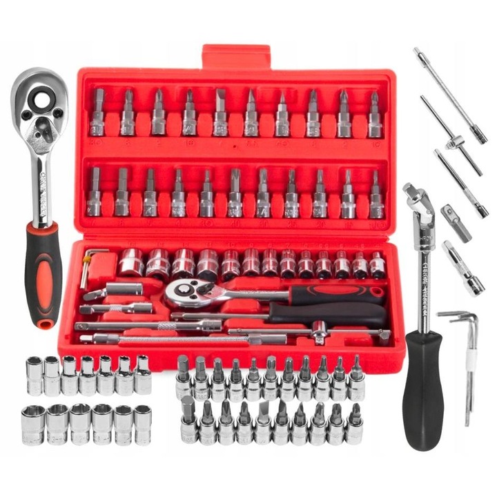 Set 46 Chei Cu Clichet Si Biti, Przypas, Din Otel Crom-Vanadiu, Maner Antiderapant, 10 x 10 x 1 cm, 5 Kg, Rosu/Argintiu