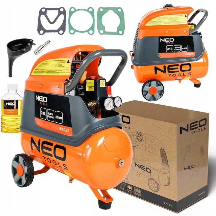 Compresor cu ulei NEO TOOLS 24L, 900W, 8 bar, 135 l/min, dimensiuni 570x306x670mm, set complet