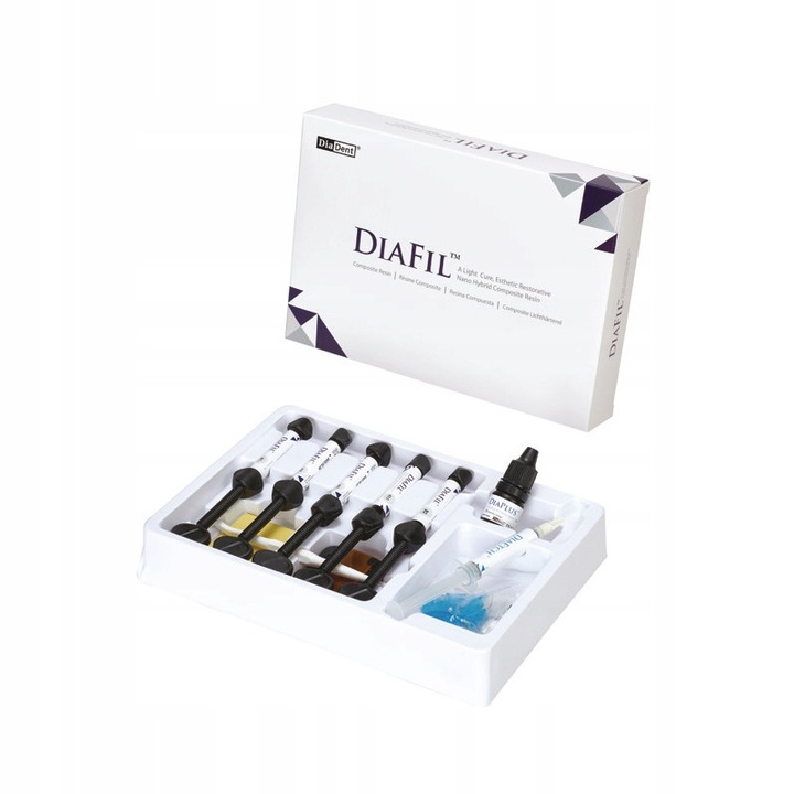 Set start pentru restaurari dentare, DiaDent, rasina nanohibrid, 5 seringi, 4g, 1 sticla bond, 5ml, 1 seringa acid, 3ml, multicolor