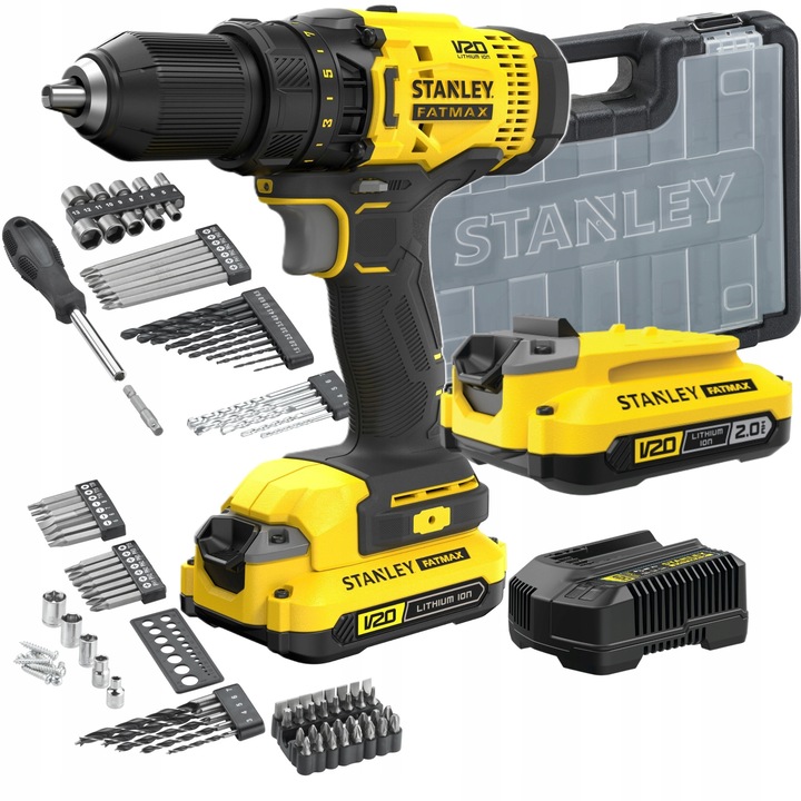 Set Masina de gaurit si insurubat, Stanley, 18V V20, 2x Baterie 2Ah, set 100 accesorii, valiza