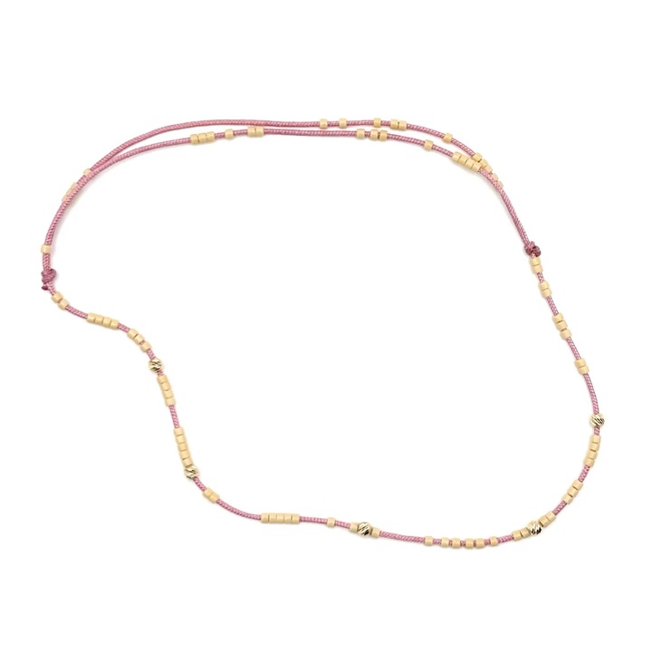 Bratara de picior cu bile din AUR 14K si Margele Miyuki Bej, snur roz pudra reglabil, dama