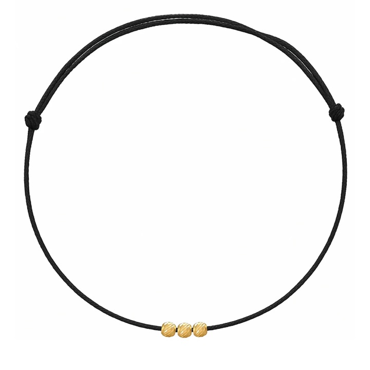 Bratara de picior cu 3 bilute din AUR 14K, snur negru reglabil, aur galben 585, dama