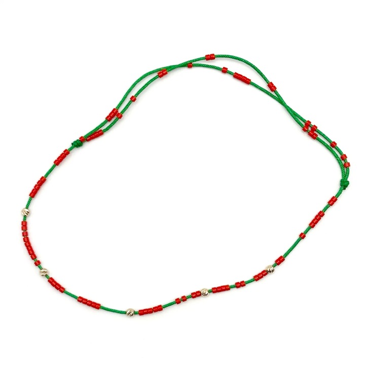 Bratara de picior cu bile din AUR 14K si Margele Miyuki Rosii, snur verde reglabil, dama