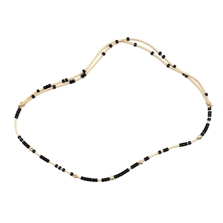 Bratara de picior cu bile din AUR 14K si Margele Miyuki Negre, snur bej reglabil, dama