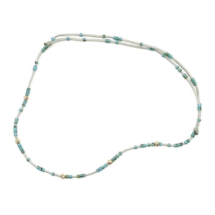 Bratara de picior cu bile din AUR 14K si Margele Miyuki Turcoaz, snur gri reglabil, dama