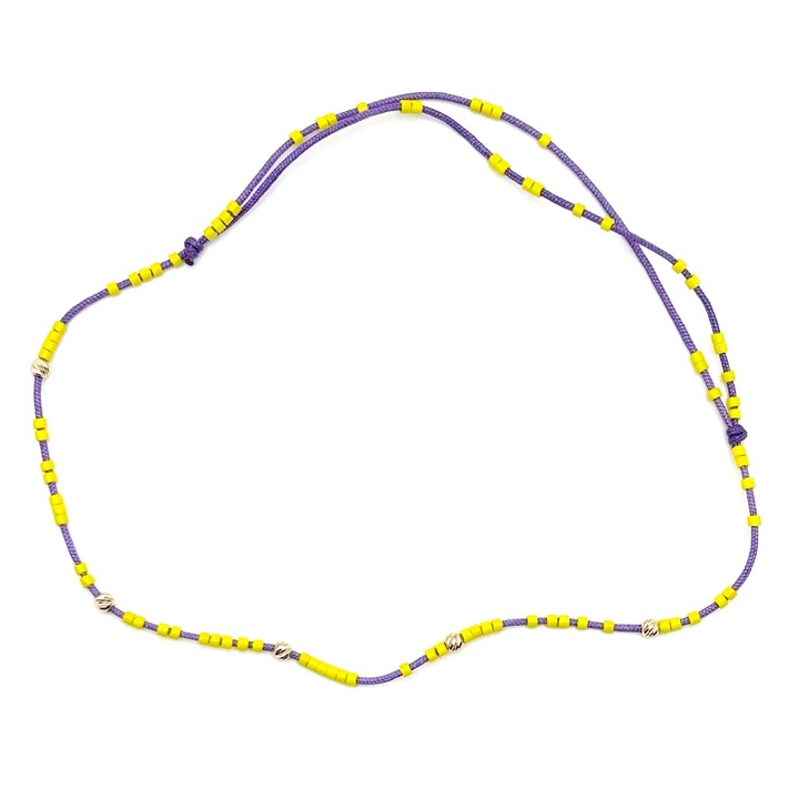 Bratara de picior cu bile din AUR 14K si Margele Miyuki Galbene, snur mov reglabil, dama