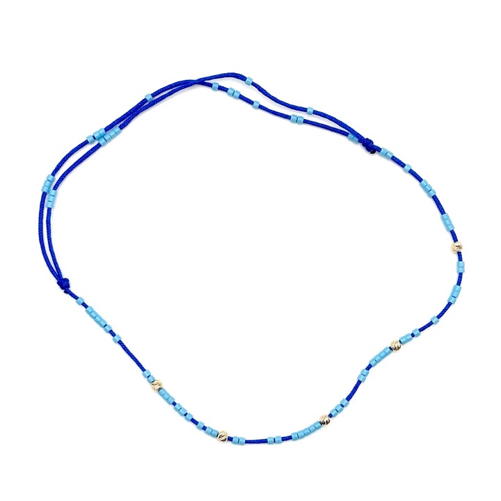 Bratara de picior cu bile din AUR 14K si Margele Miyuki Baby Blue, snur albastru inchis reglabil, dama