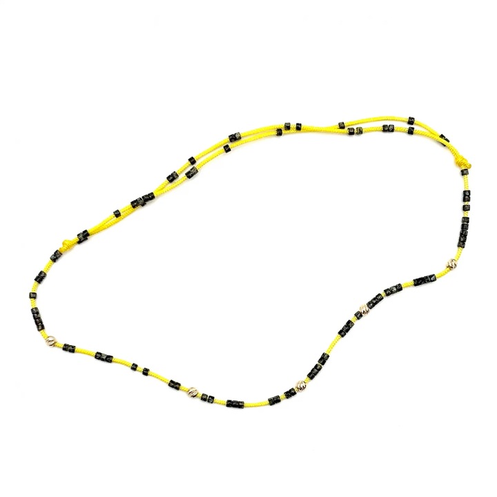 Bratara de picior cu bile din AUR 14K si Margele Miyuki Negre/Gri, snur galben reglabil, dama