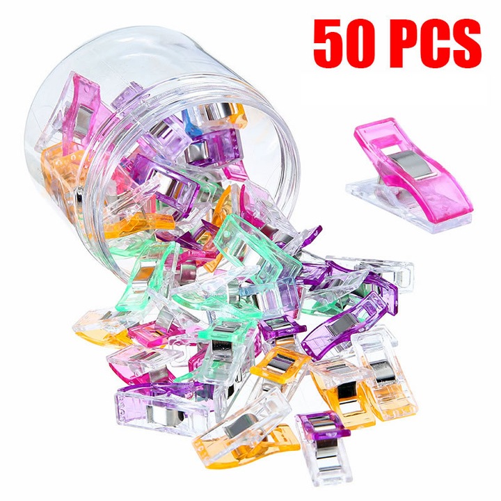 Set de 50 clips de cusut multifunctionali cu cutie de depozitare, pentru cusut si artizanat, multicolor, 2.7x1x1.5cm