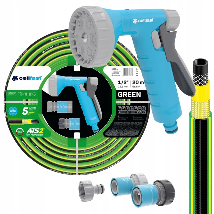 Kerti tömlőkészlet, Cellfast, 5 rétegű, 20 m, zöld, komplett készlet