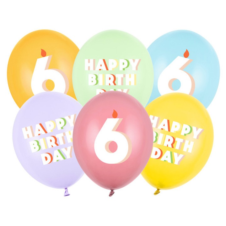 Baloane 30 cm (6 buc) pastel cu cifra 6