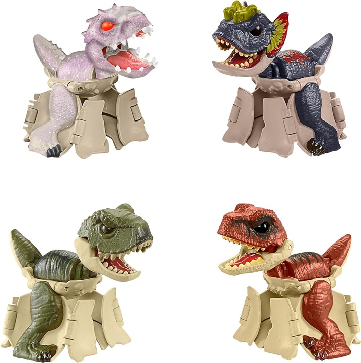 Készlet, Mattel, Jurassic World, dinoszaurusz figurák, átalakulás tojásból dinoszaurusszá, kompakt méretek, színes, a készlet 4 figurát tartalmaz: T-Rex, Dilophosaurus, Atrociraptor Tiger, Indominus Rex, anyag: műanyag, 4 éves kortól