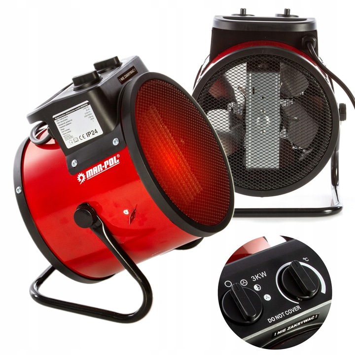 Elektromos fűtőventilátor MAR-POL M80906, 3kW, termosztáttal, túlmelegedés elleni védelemmel, 20x22x28cm