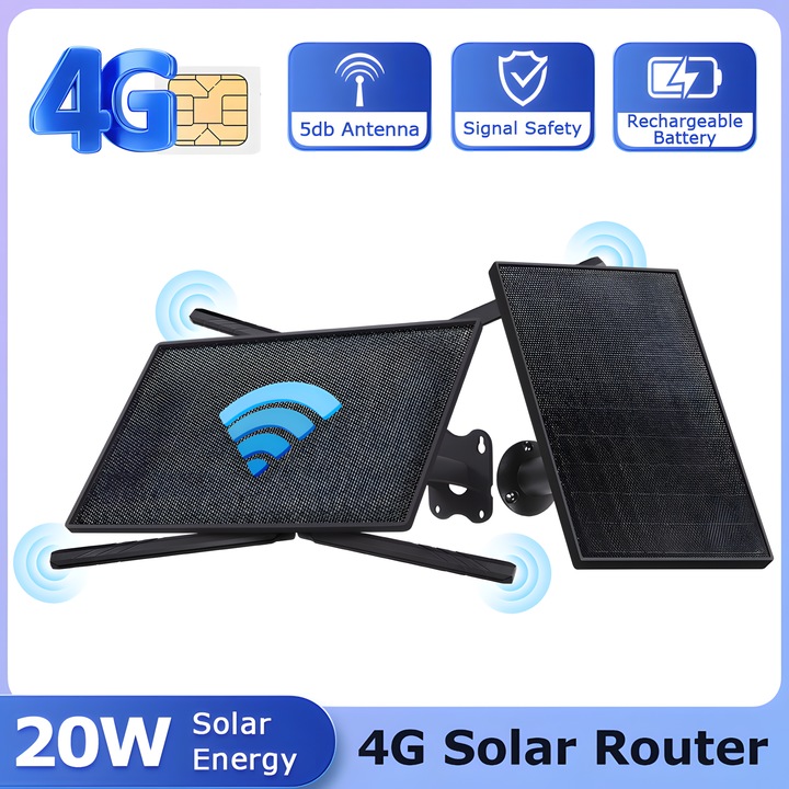 goBERA®️ 4G LTE hordozható router 20 W-os napelemmel, 20100 mAh-s akkumulátorral, 2,4 GHz-es WIFI-vel, dupla 5 dBi-s antennával, Micro SIM-kártyával, 10 eszköz egyidejű csatlakoztatására képes