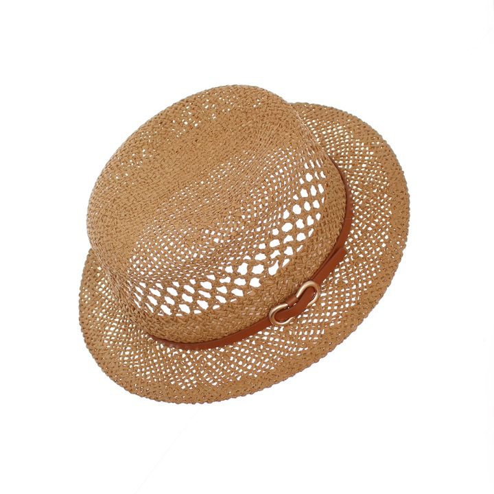 Palarie de soare, dama, din paie de hartie, marime one size, bor mic, Buticcochet, catarama decorativa, Maro - PAL1778