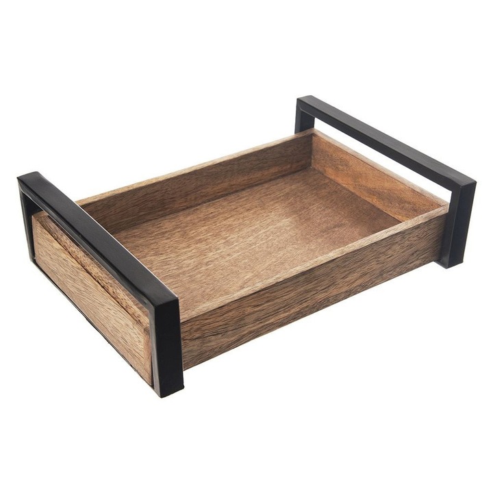 Taca de servire, Artemis, dreptunghiulara, din lemn de mango, 30,5x22cm, cu manere metalice negre, culoare bruna