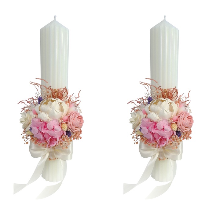 Сватбени свещи, декорирани с цветя от породата минг, криогенна хортензия и естествени сушени и криогенни цветя, В35/Д6 см