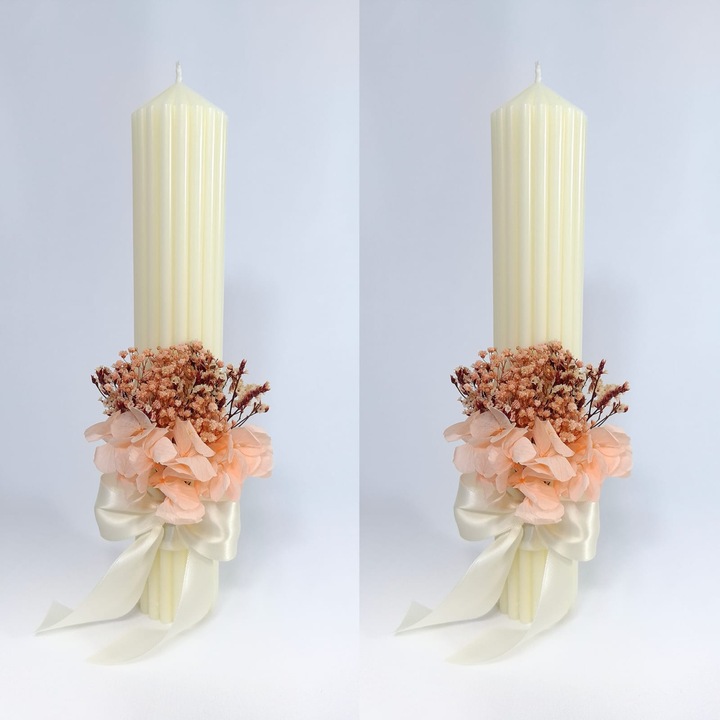 Lumanari nunta/cununie decorate cu hortensie si gypsophilla criogenata, H35/D6 cm