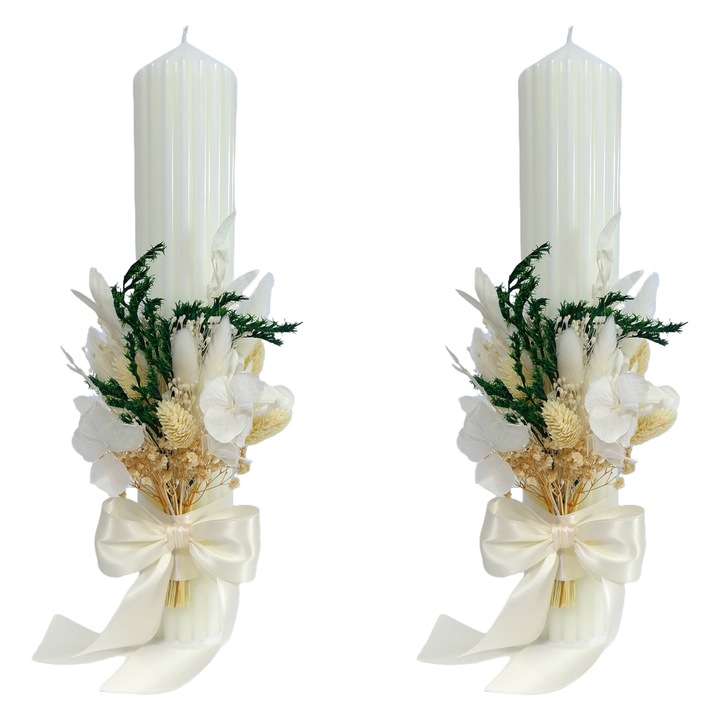 Lumanari nunta/cununie decorate cu flori criogenate si uscate, H35/D6 cm, Alb