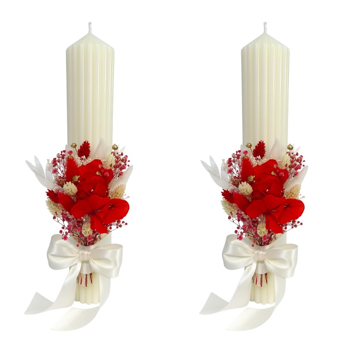 Lumanari nunta/cununie decorate cu flori criogenate si uscate, H35/D6 cm, Ivory