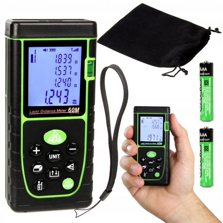 Dalmierz laserowy MAR-POL 60m, verde-negru, cu ecran iluminat, set complet