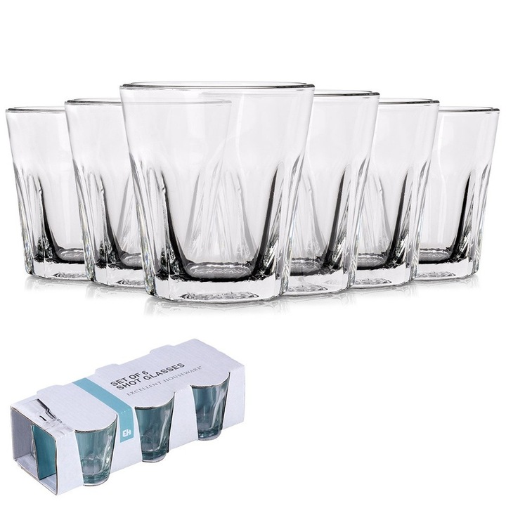 Set Pahare Pentru Vodca, Excellent Houseware, 5x5.5 cm, Sticla, 40 Ml, Pot Fi Spalate In Masina De Spalat Vase, Transparent, 6 Bucati