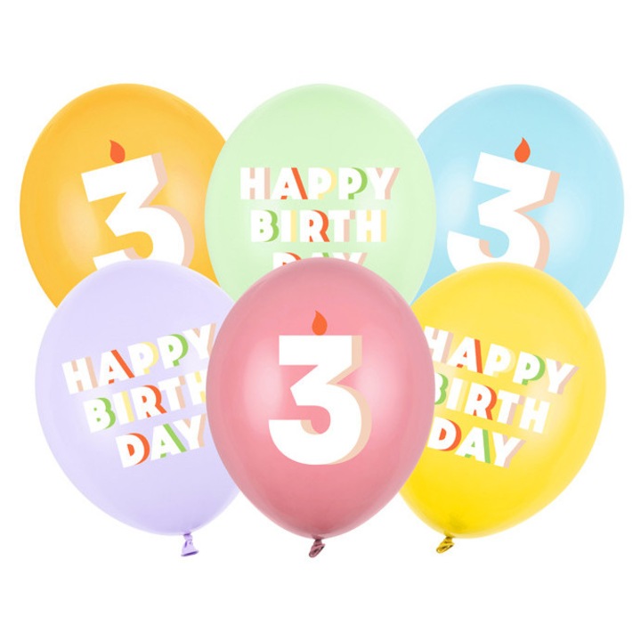 Baloane 30 cm (6 buc) pastel cu cifra 3