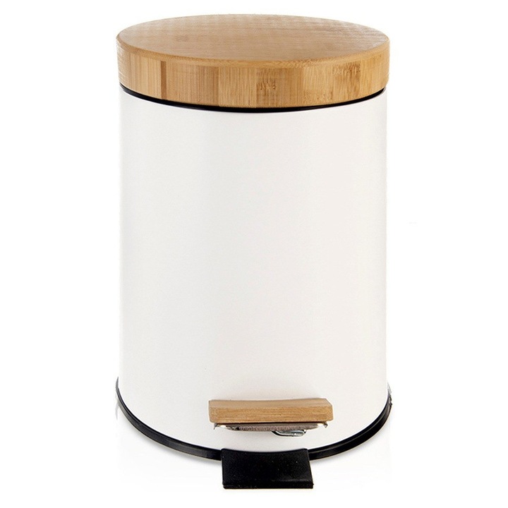 Cos De Gunoi, Orion, 22.5x17x25 cm, Din Metal/Bambus, Mecanism De Deschidere Cu Pedala, Insertie Detasabila, Bej/Alb